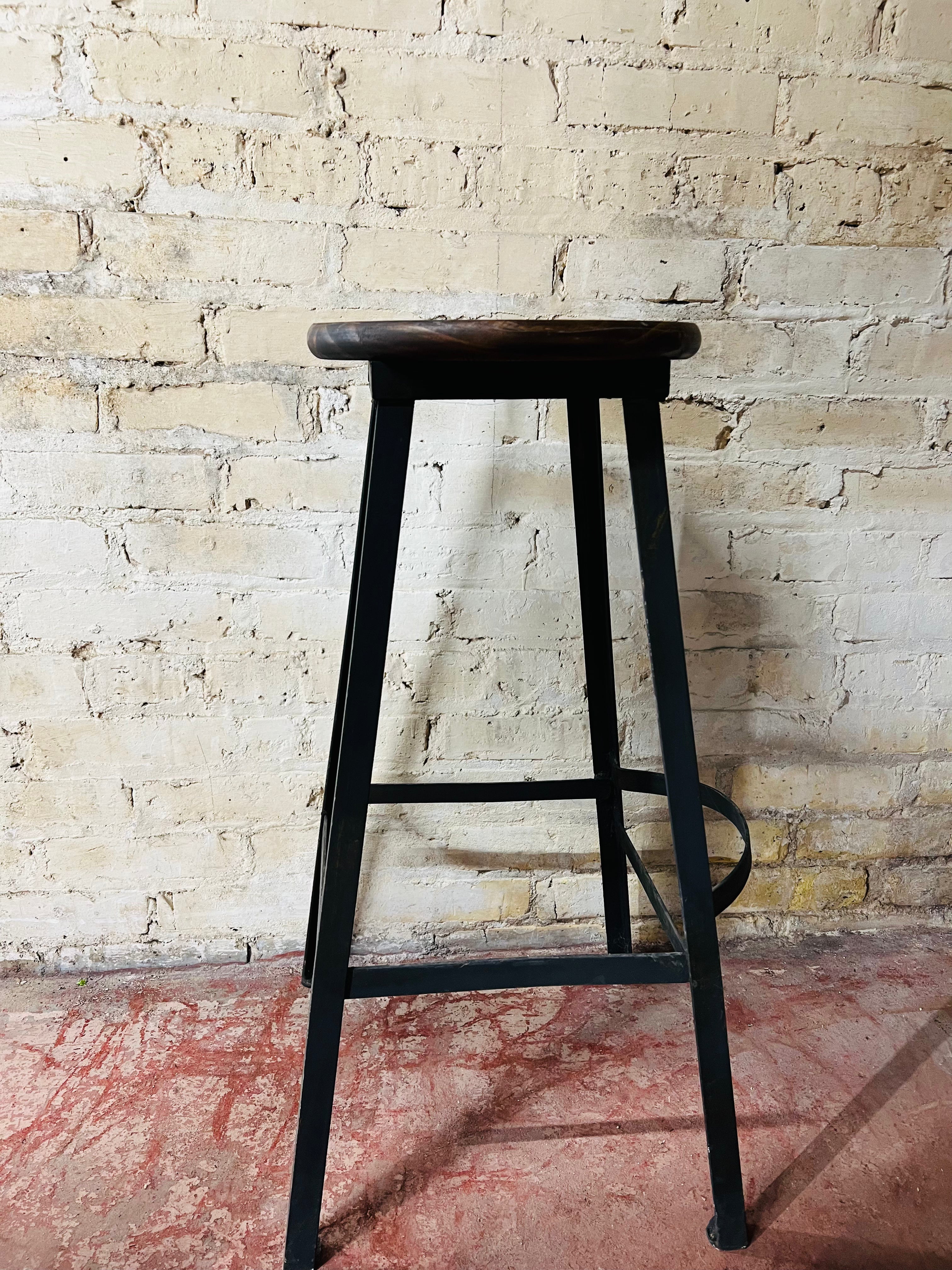 Vintage Wood Stool - Metal Legs