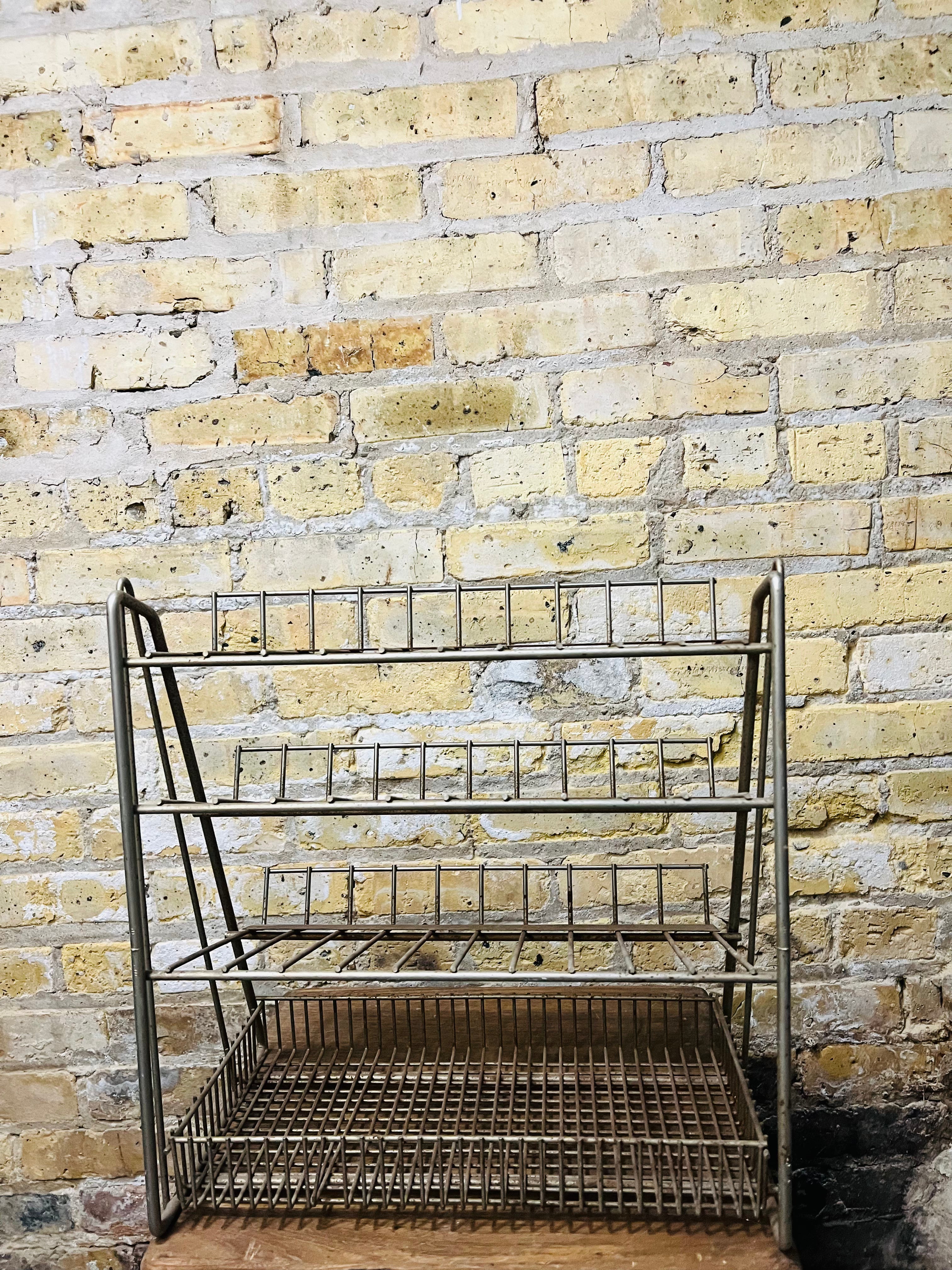 Point of sale, vintage metal countertop, display rack.