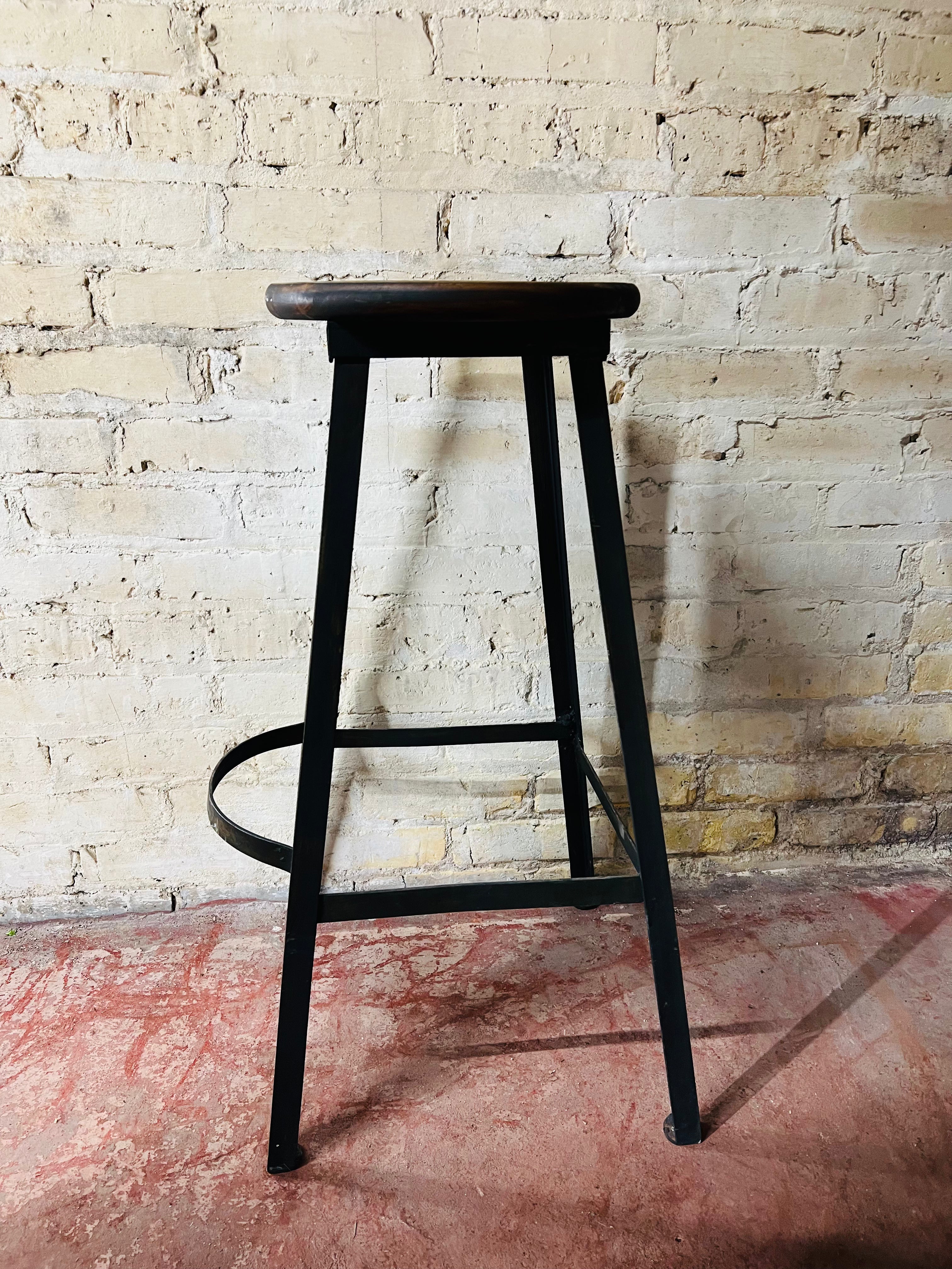 Vintage Wood Stool - Metal Legs