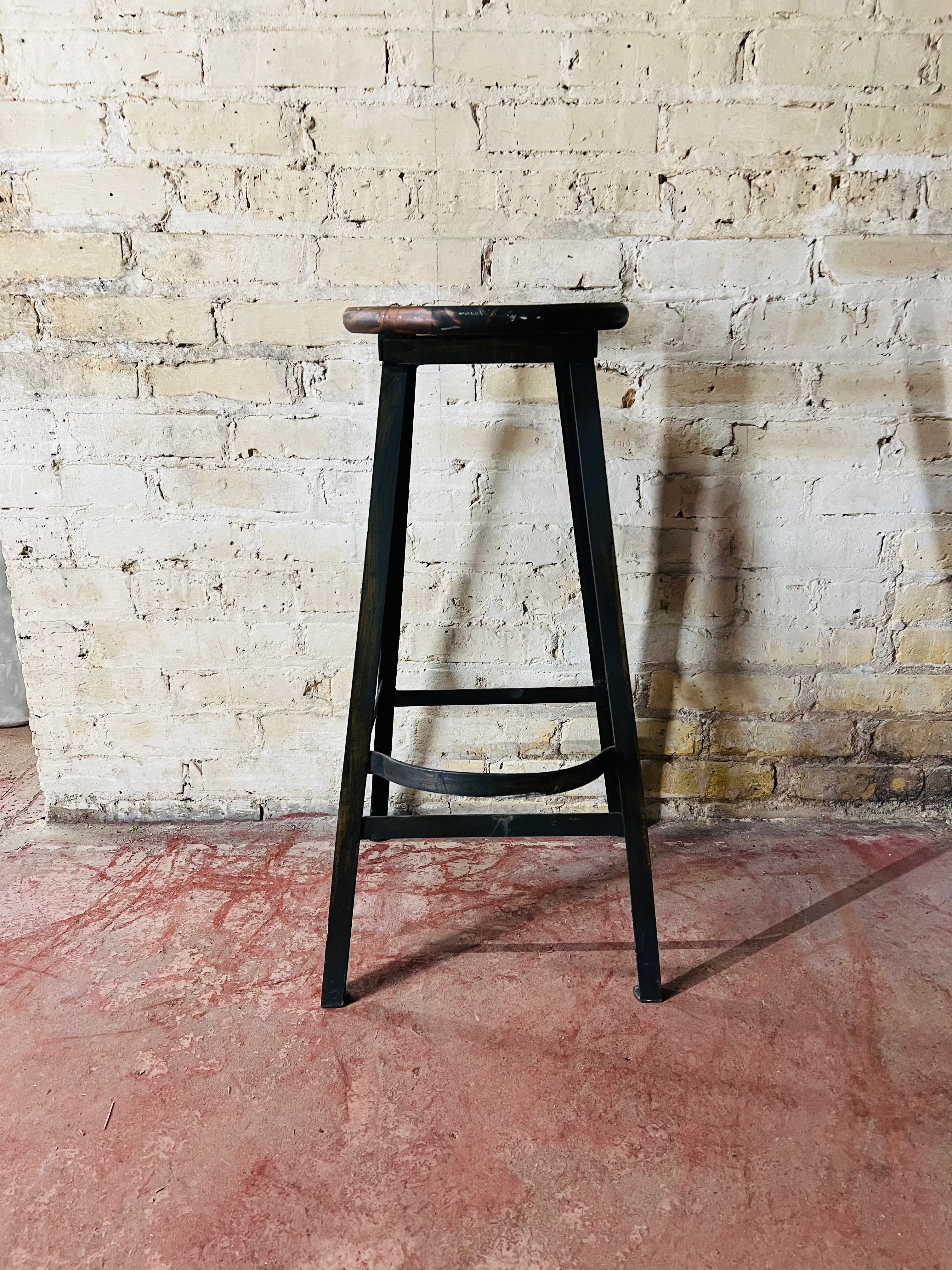 Vintage Wood Stool - Metal Legs