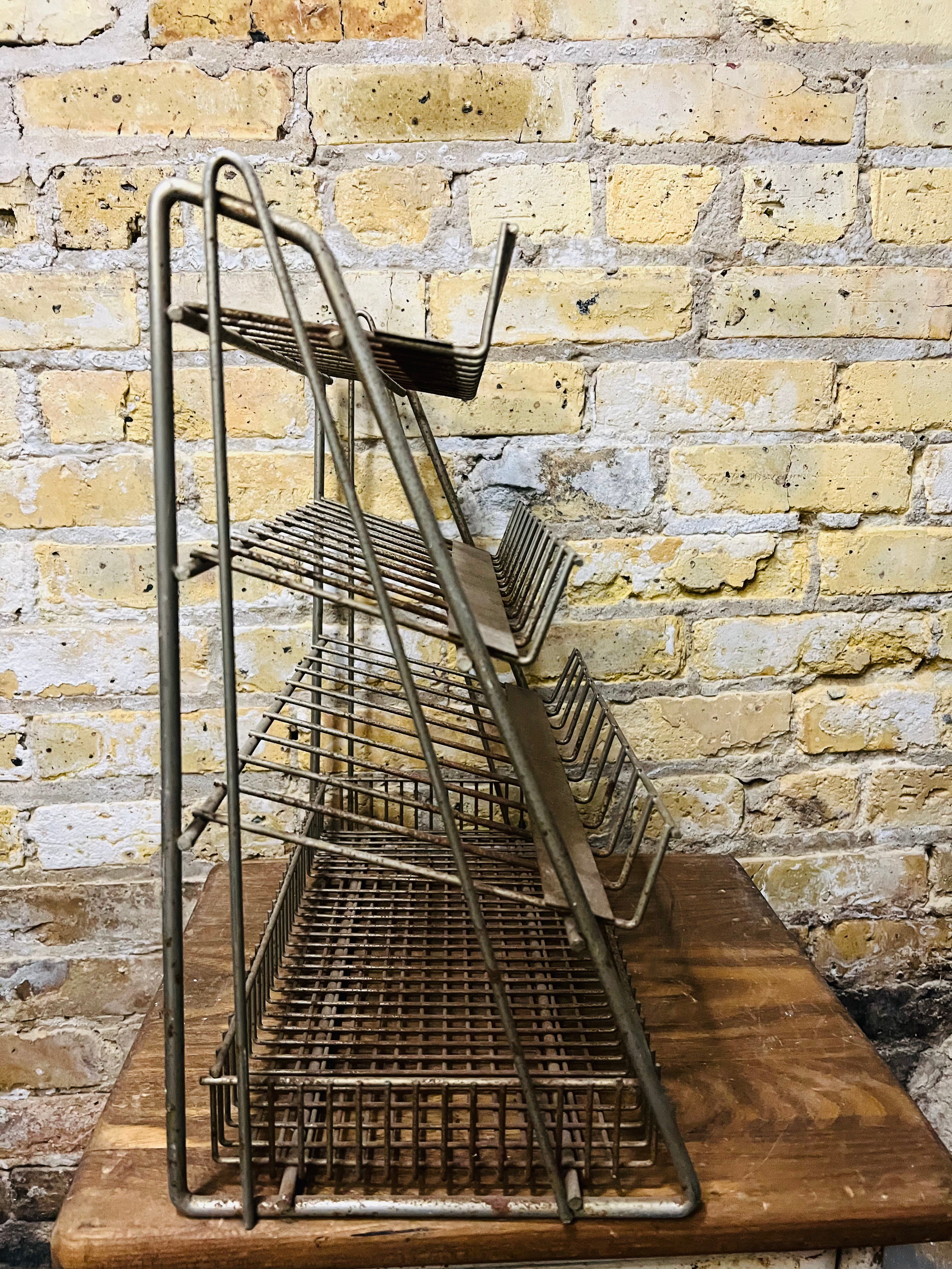 Point of sale, vintage metal countertop, display rack.