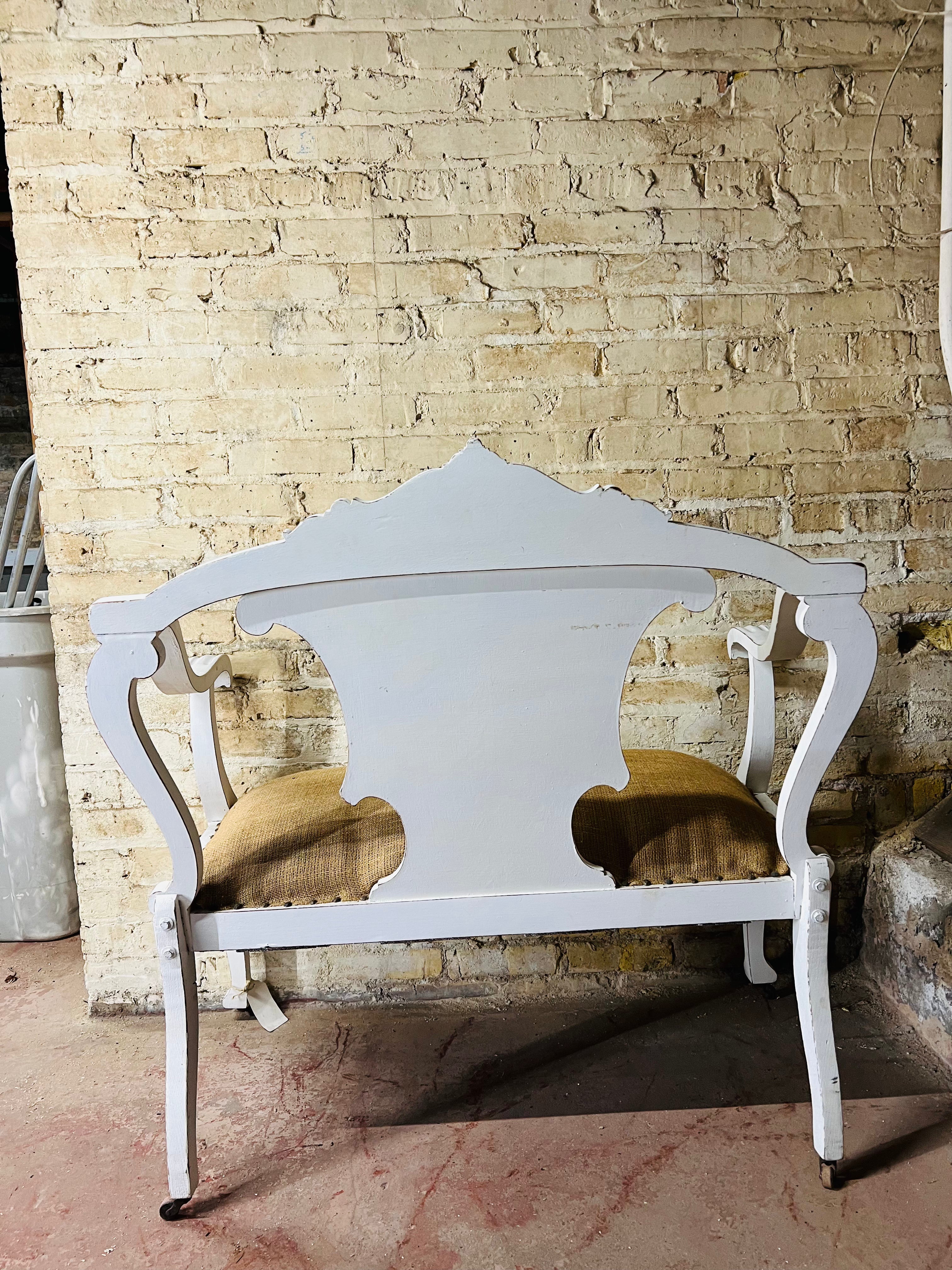 Vintage white painted wood Love Seat.