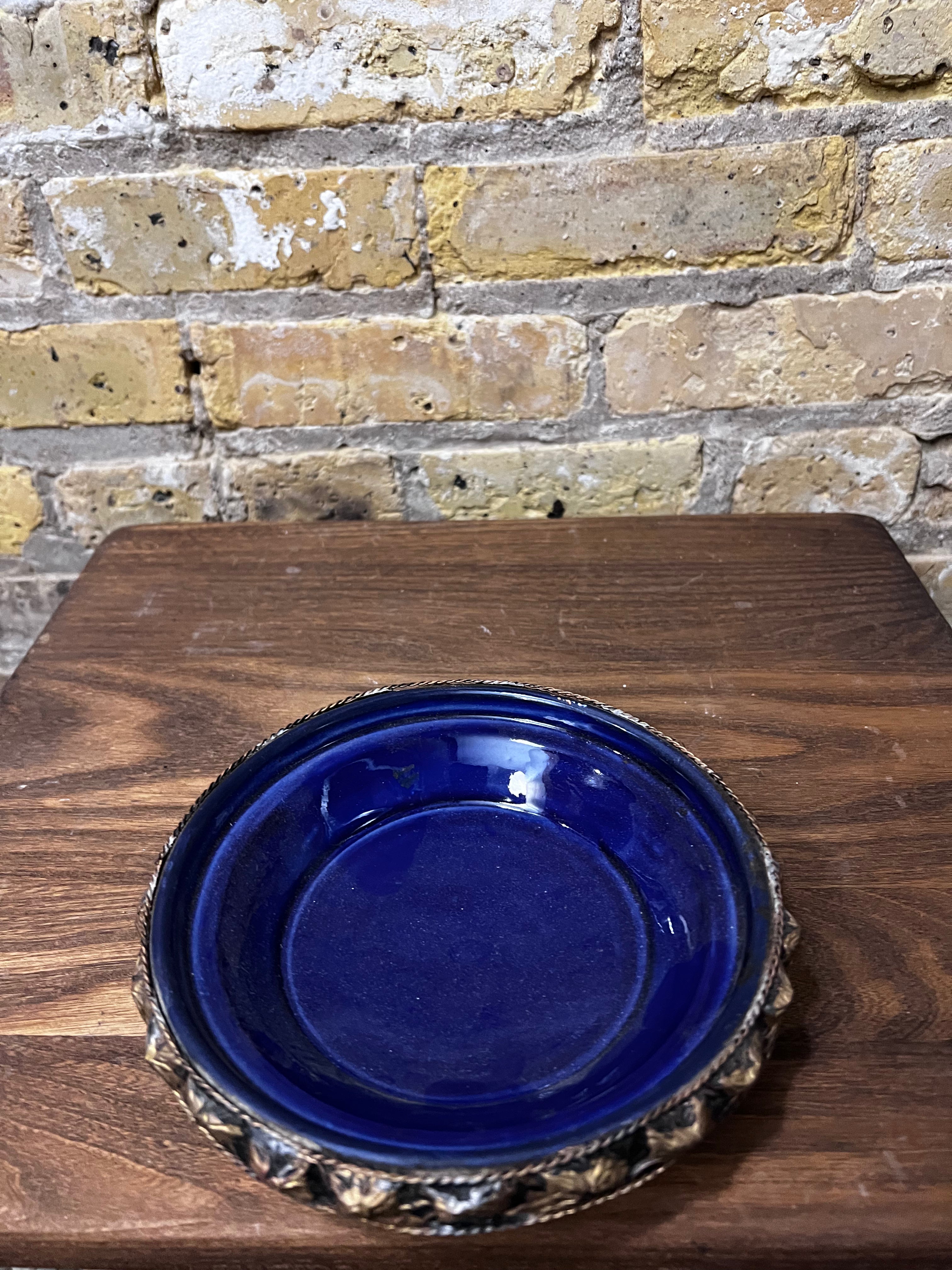 Vintage Silver Tone Bowl - Cobalt Blue
