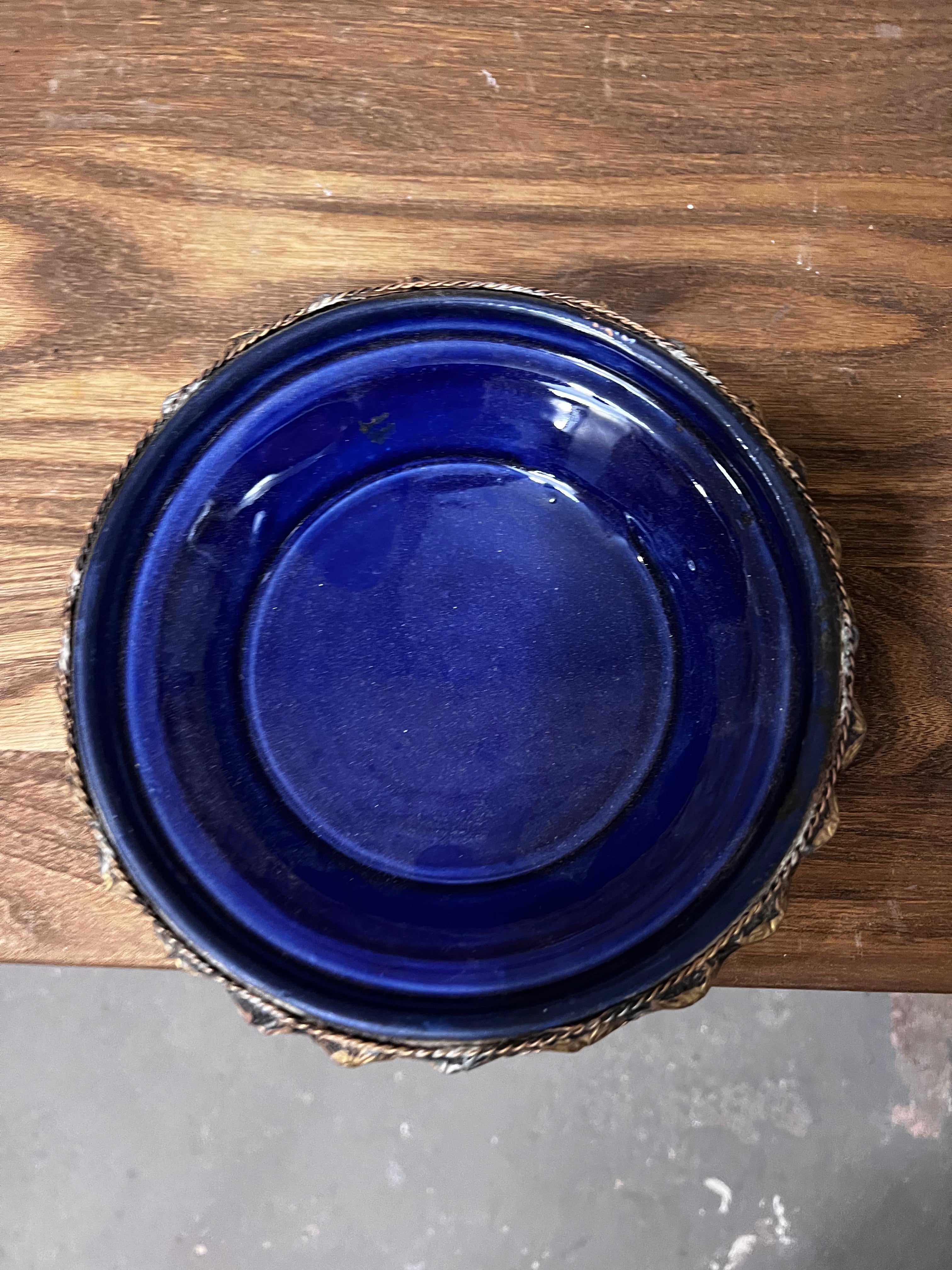 Vintage Silver Tone Bowl - Cobalt Blue