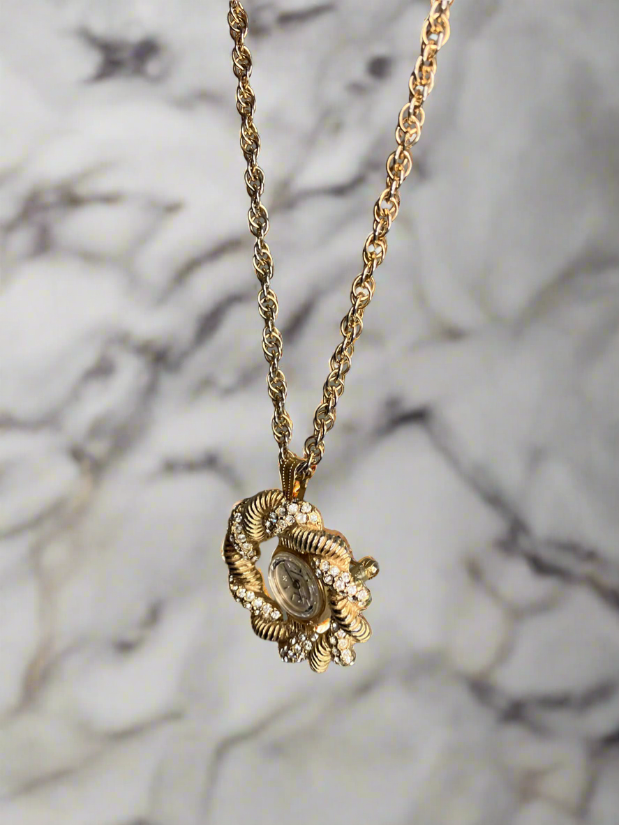 MJM Gold Toned Clock Brooch/Necklace