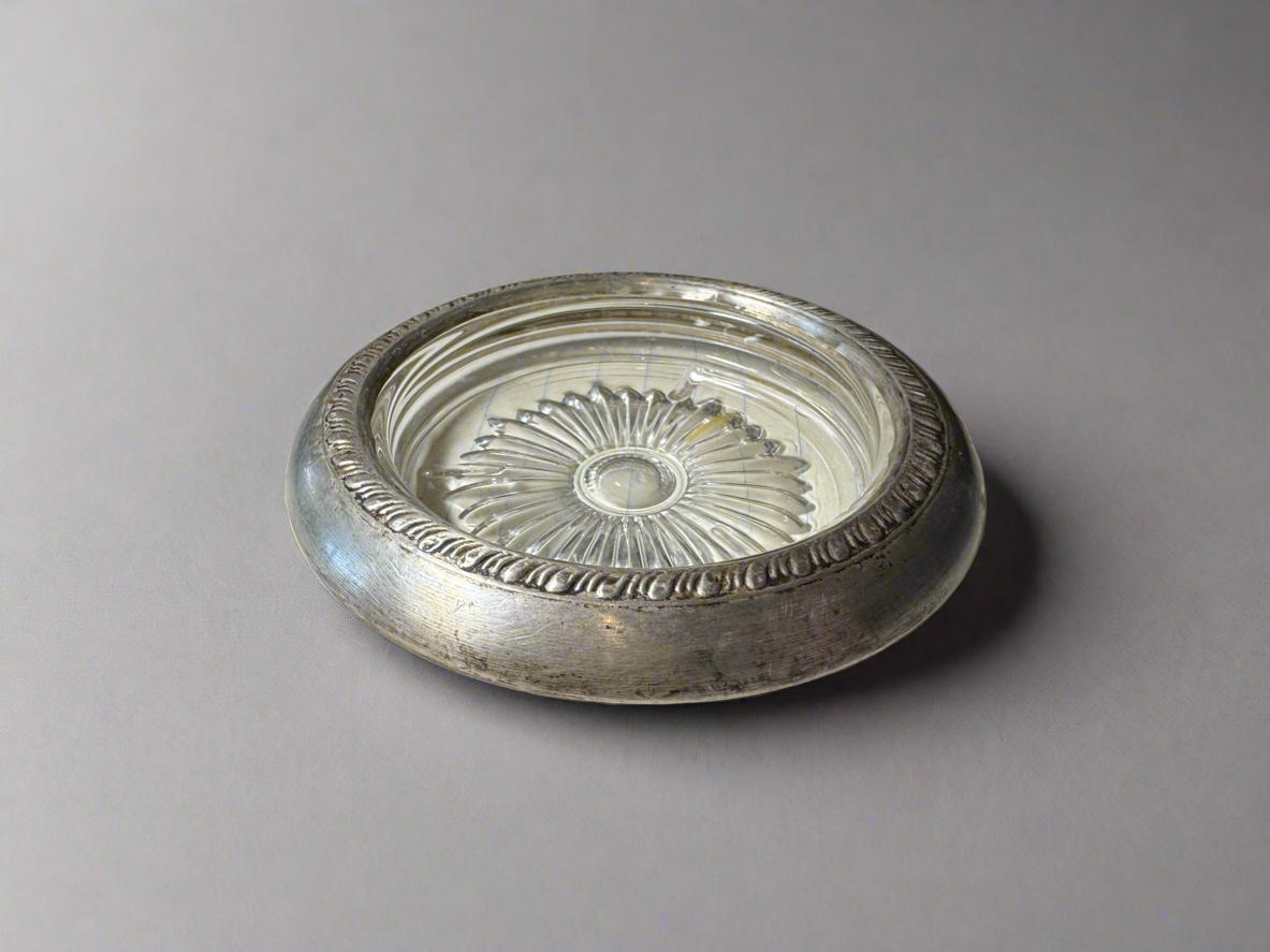 Vintage Silver Rimmed Glass Coasters (Pair)