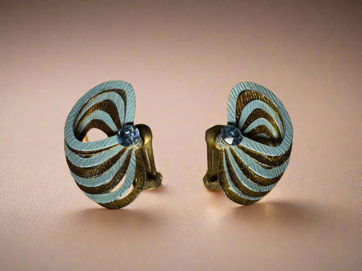 Vintage Blue And Gold Fan Style Clip On Earrings