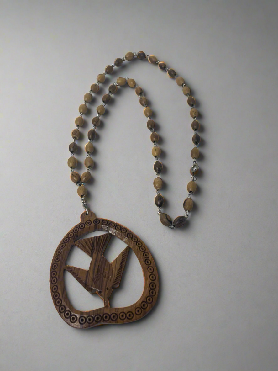 Vintage Wooden Carved Beaded Dove Necklace