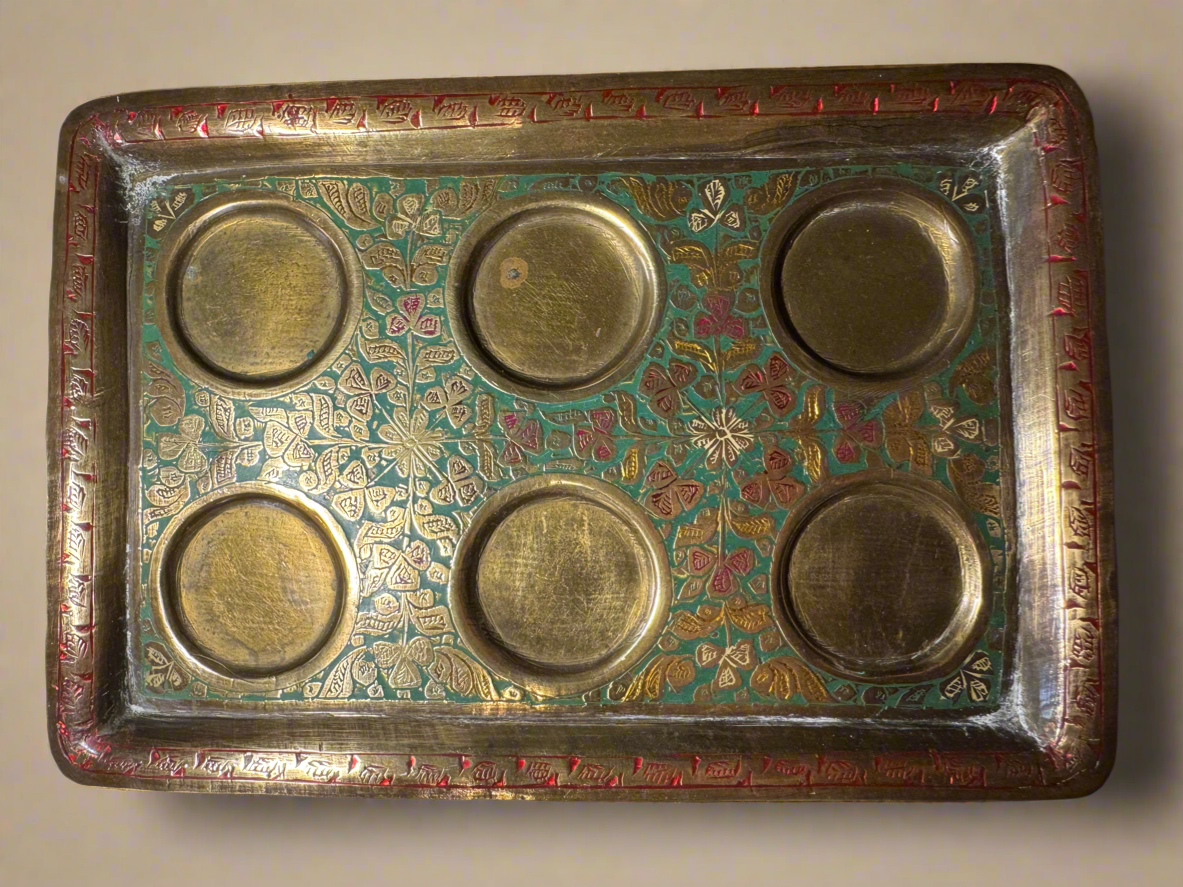 Vintage Indian Brass Enamel Decorated Tray And Goblets