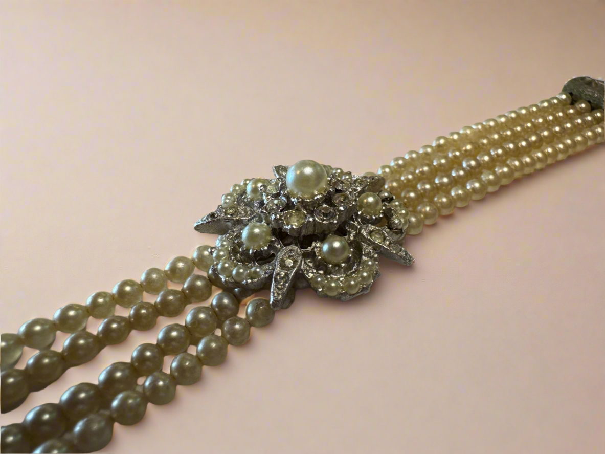Antique Faux Pearl And Rhinestone Bracelet