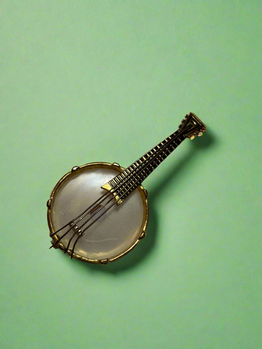Vintage Damascene Spanish Banjo Brooch