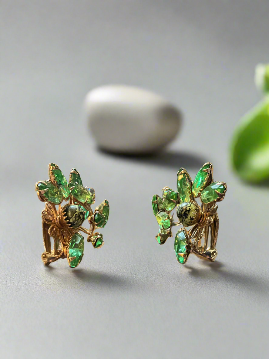 Judy Lee Earrings with Green Rhinestones, Cut Glass and Gold Tone Accents