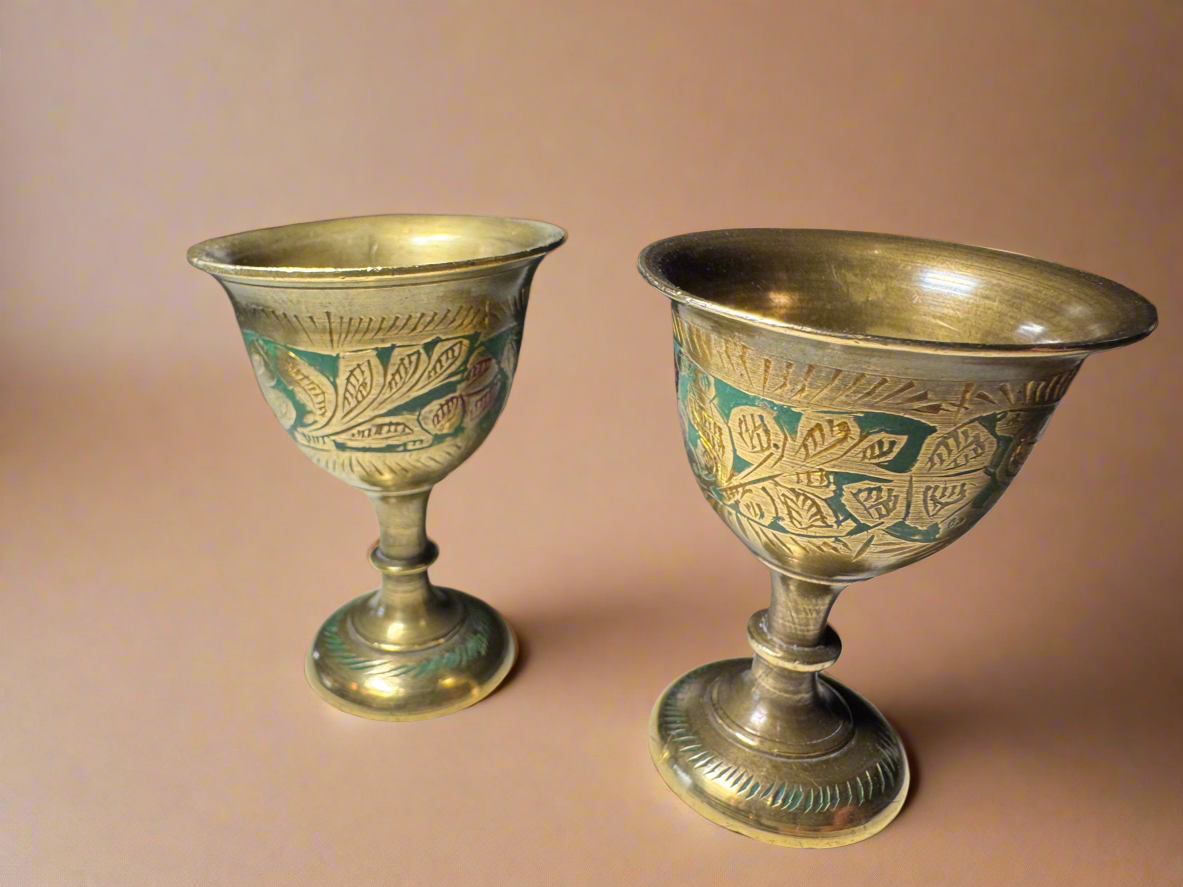 Vintage Indian Brass Enamel Decorated Tray And Goblets