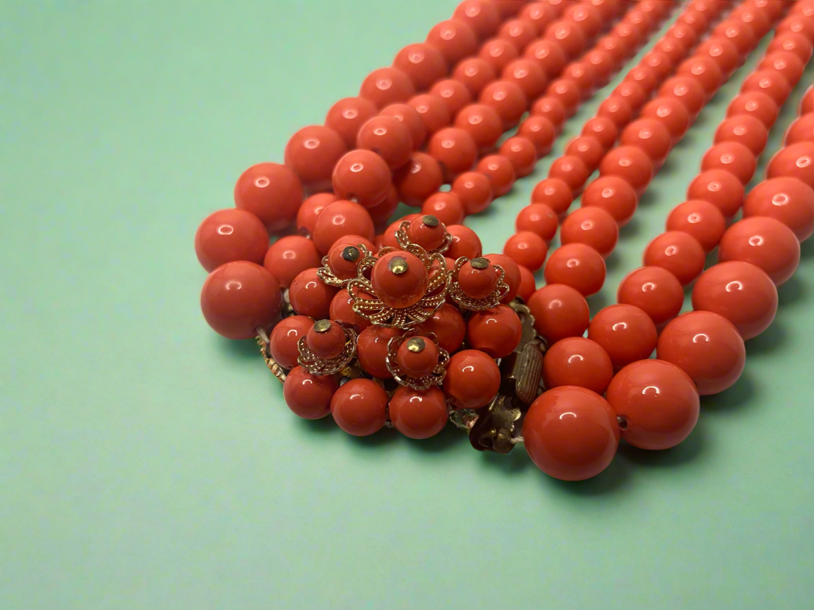 Vintage 4 Strand Coral Color Resin Beaded Necklace