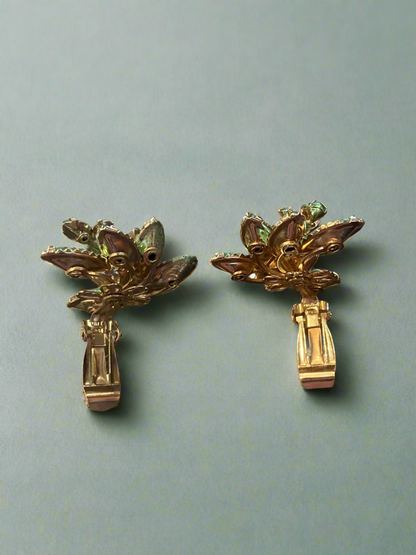 Judy Lee Earrings with Green Rhinestones, Cut Glass and Gold Tone Accents