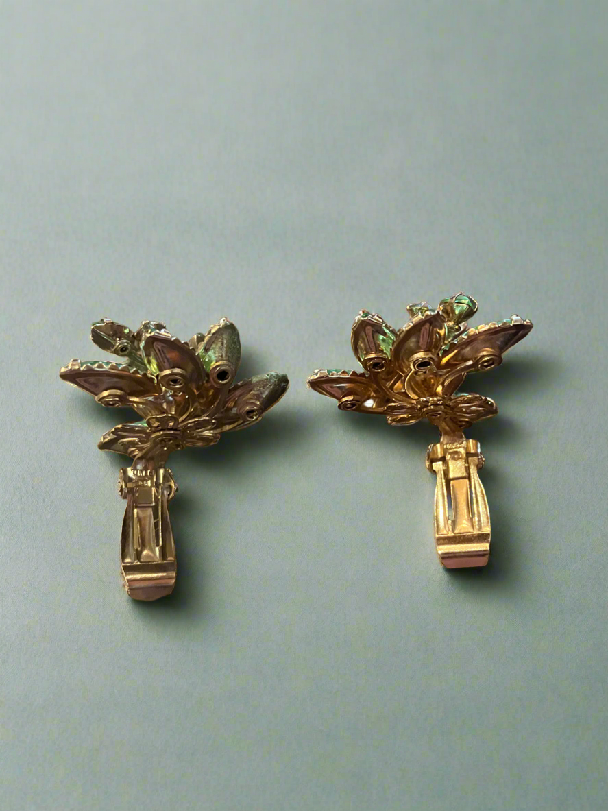 Judy Lee Earrings with Green Rhinestones, Cut Glass and Gold Tone Accents