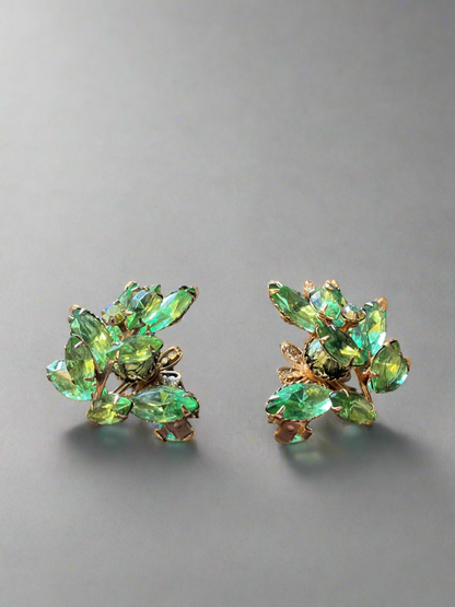 Judy Lee Earrings with Green Rhinestones, Cut Glass and Gold Tone Accents