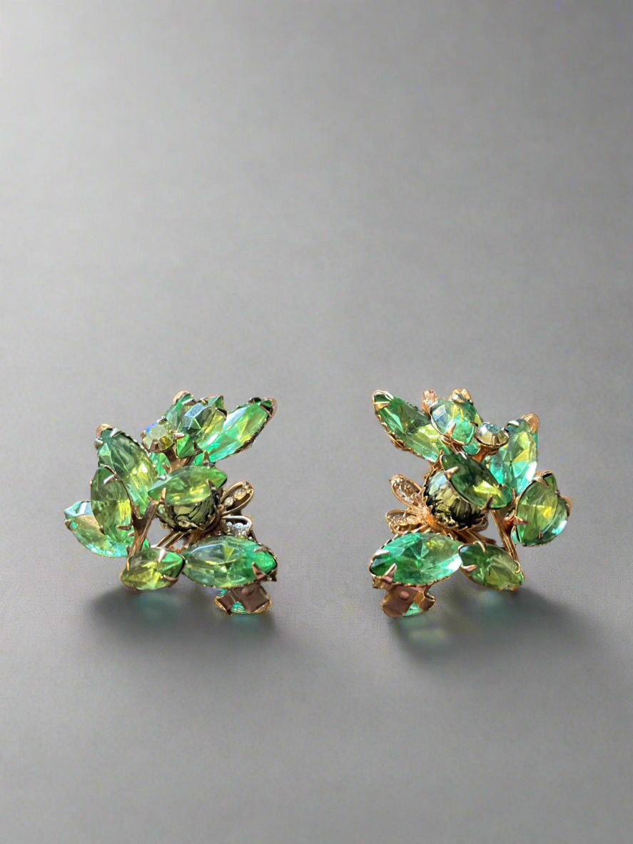 Judy Lee Earrings with Green Rhinestones, Cut Glass and Gold Tone Accents