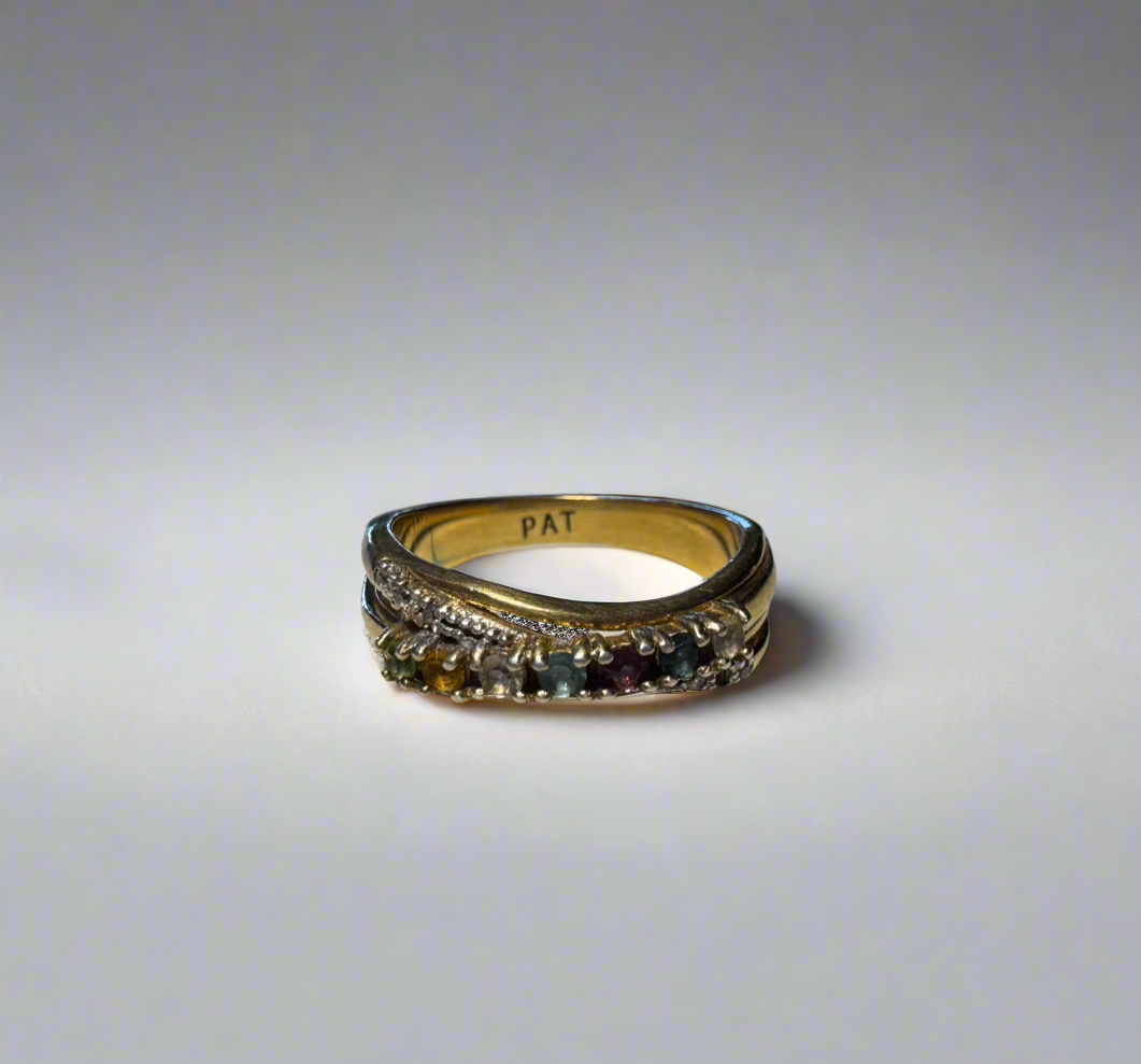 Gold Toned Colorful Rhinestone Crossover Ring
