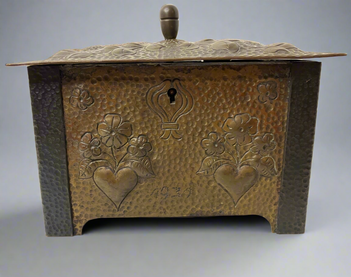 1934 handmade copper trinket box with lock and key