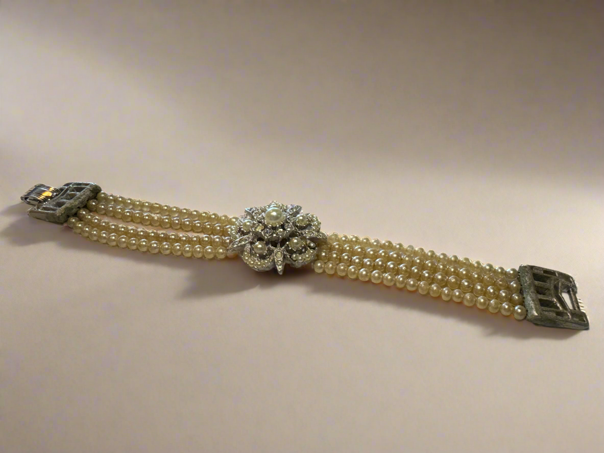 Antique Faux Pearl And Rhinestone Bracelet