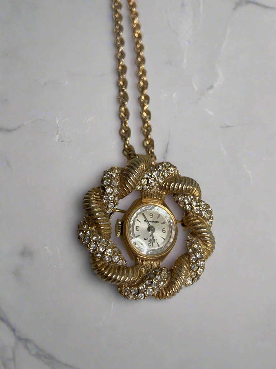 MJM Gold Toned Clock Brooch/Necklace