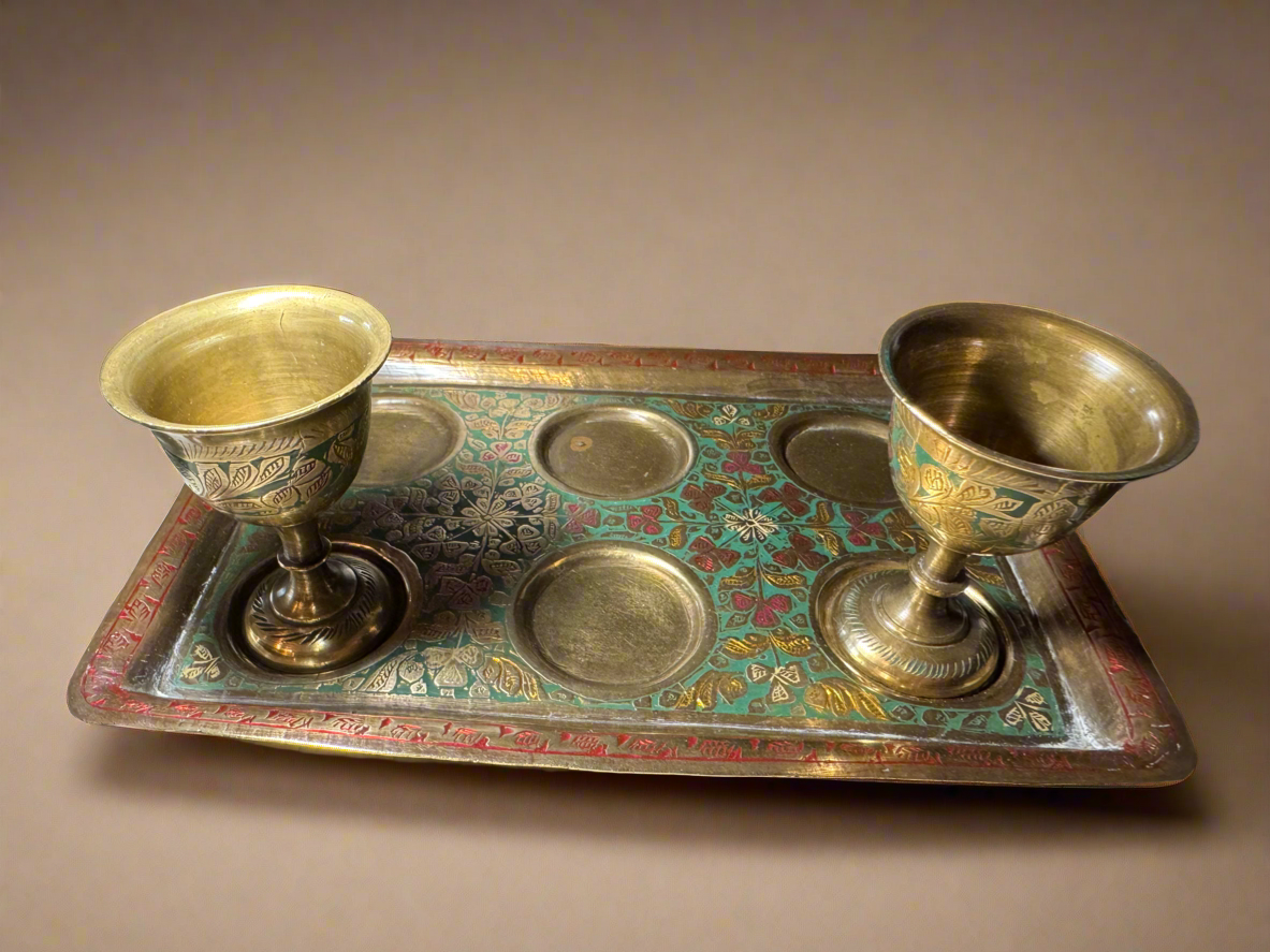 Vintage Indian Brass Enamel Decorated Tray And Goblets