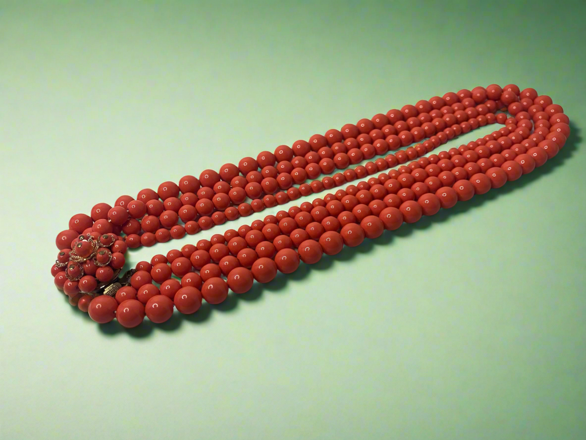 Vintage 4 Strand Coral Color Resin Beaded Necklace