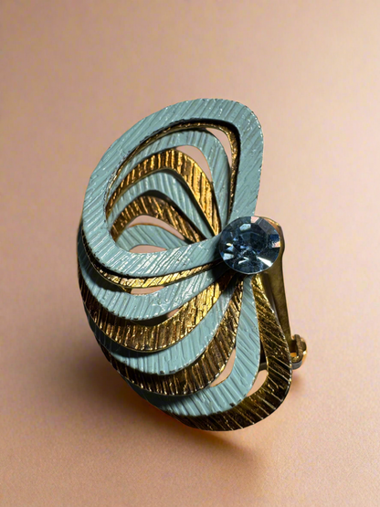 Vintage Blue And Gold Fan Style Clip On Earrings