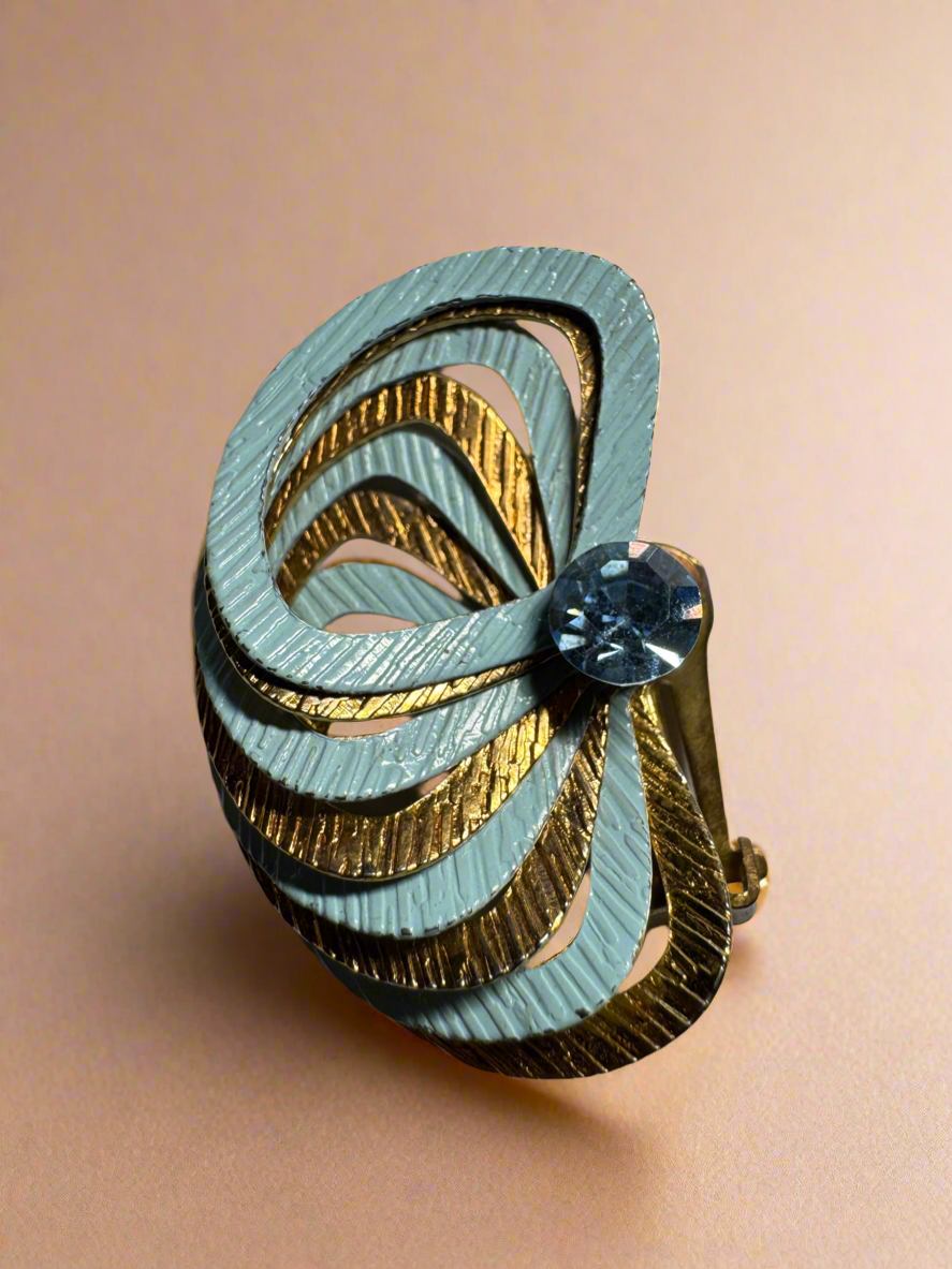 Vintage Blue And Gold Fan Style Clip On Earrings