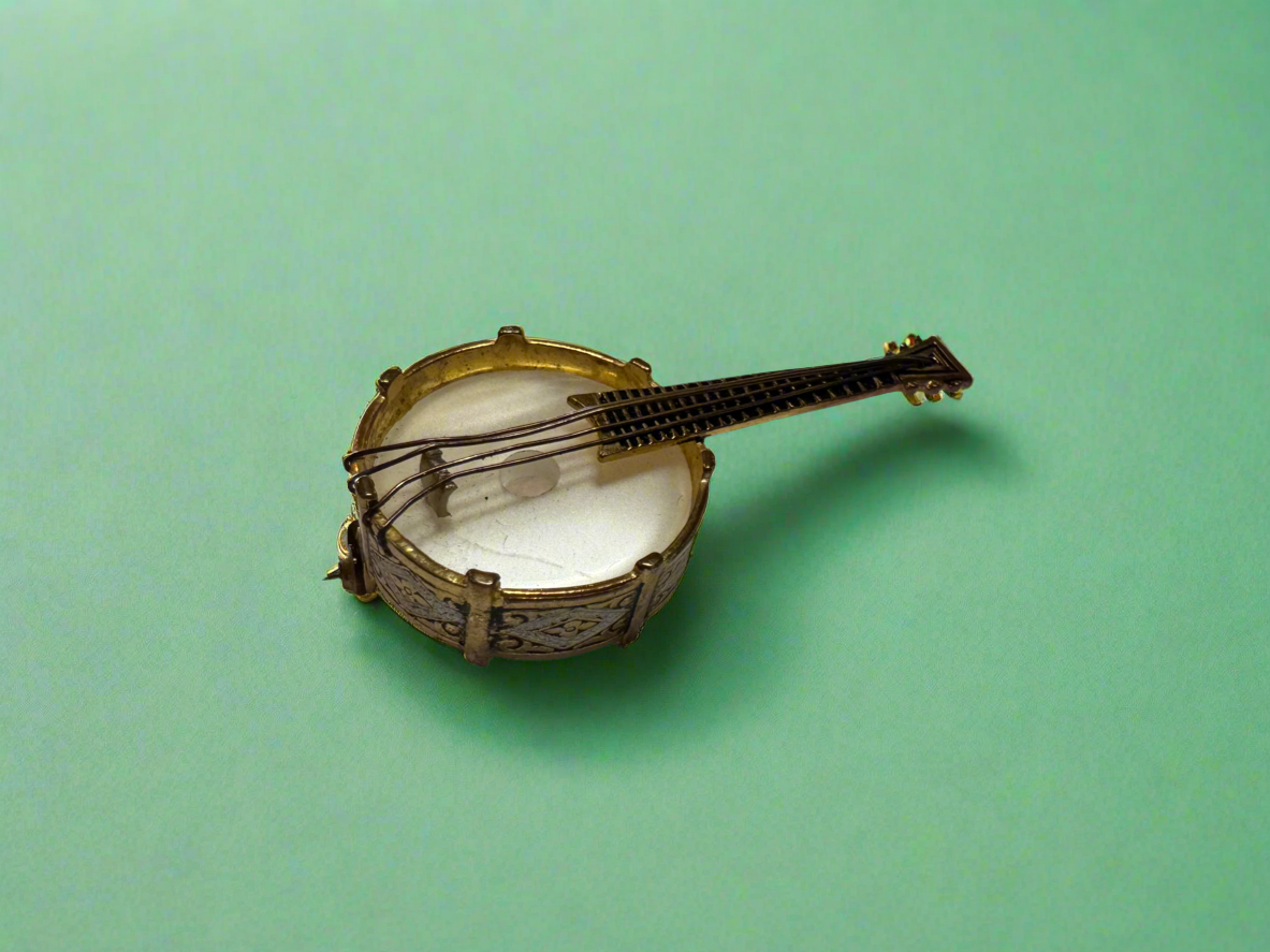 Vintage Damascene Spanish Banjo Brooch