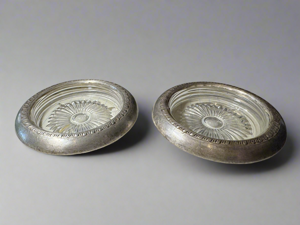 Vintage Silver Rimmed Glass Coasters (Pair)