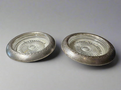 Vintage Silver Rimmed Glass Coasters (Pair)