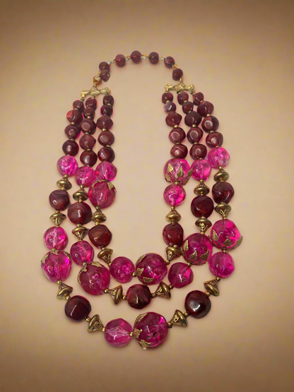 Vintage 3 String Magenta Resin Necklace