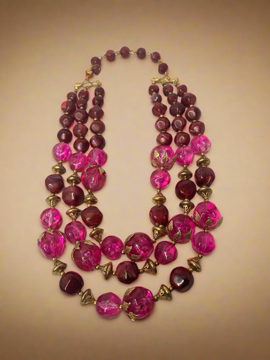 Vintage 3 String Magenta Resin Necklace