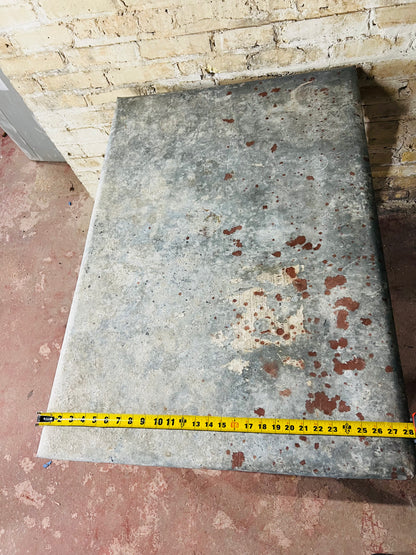 Vintage farm table with zinc top missing drawer.