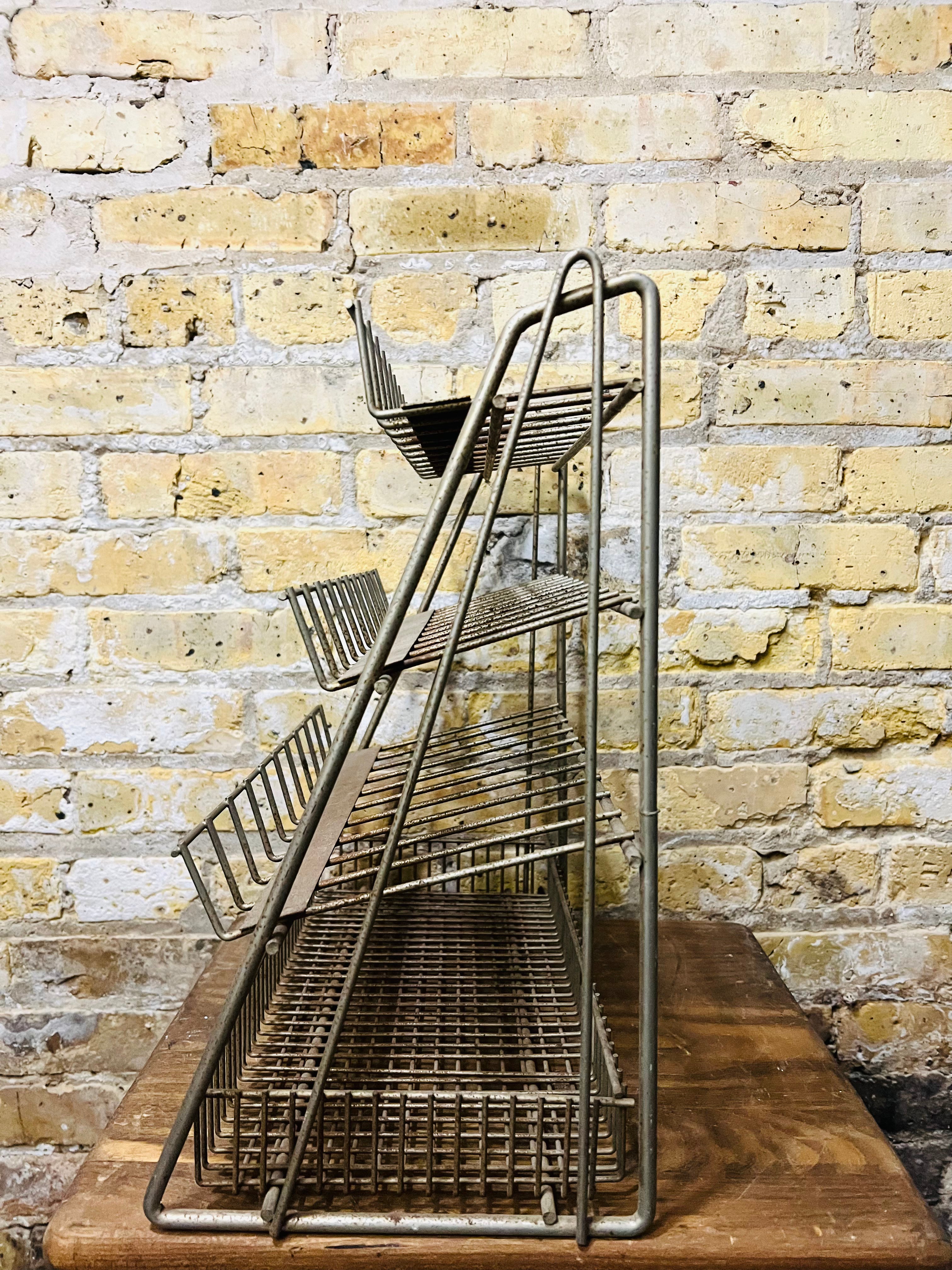 Point of sale, vintage metal countertop, display rack.