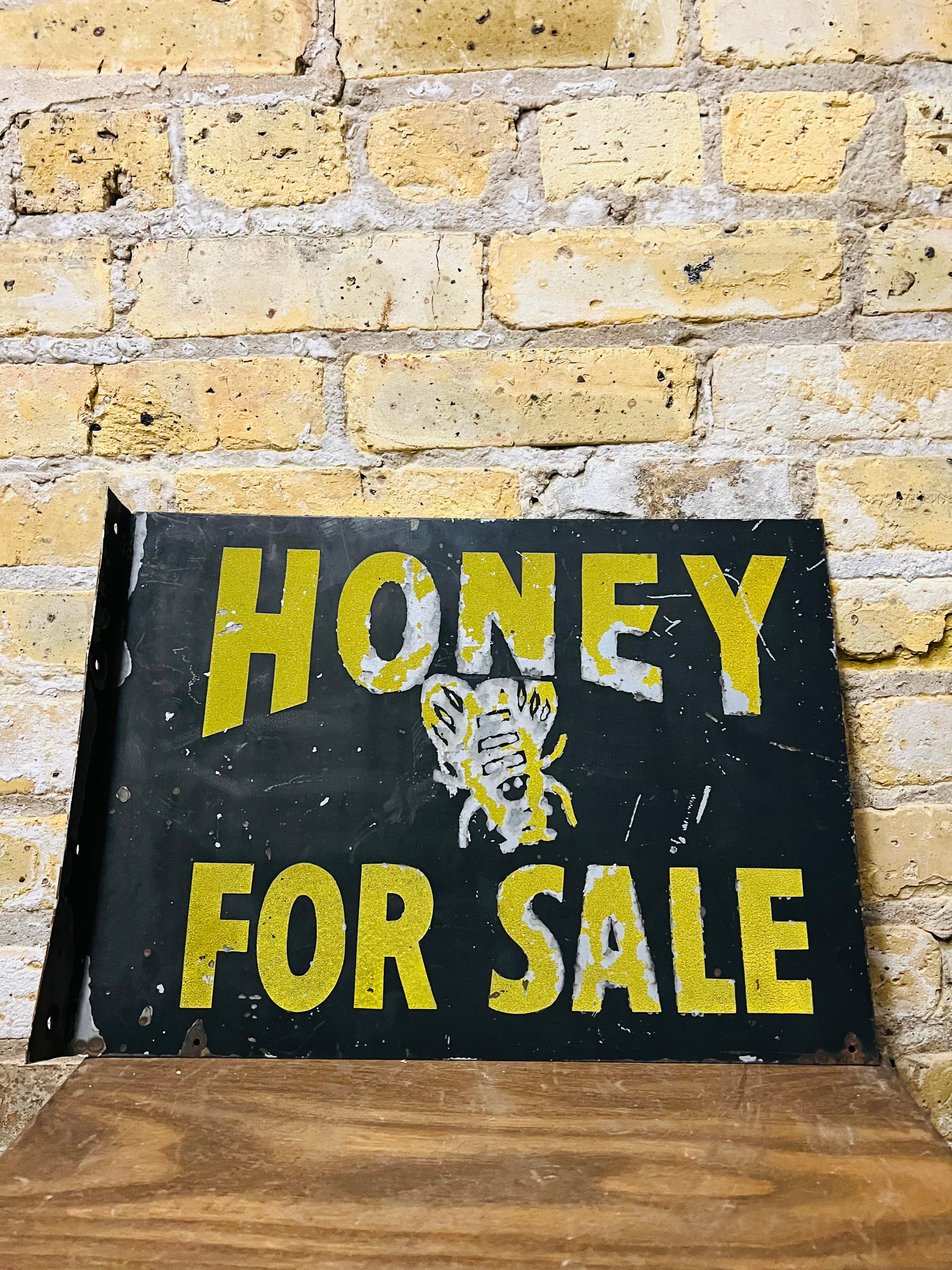 Vintage honey for sale sign double-sided metal.