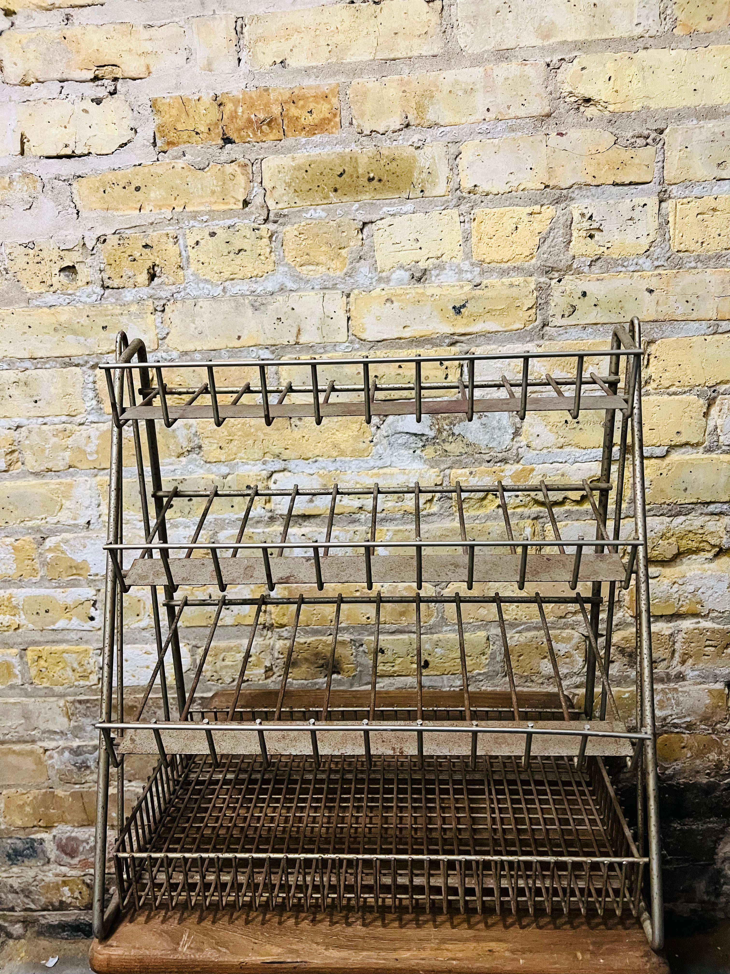 Point of sale, vintage metal countertop, display rack.