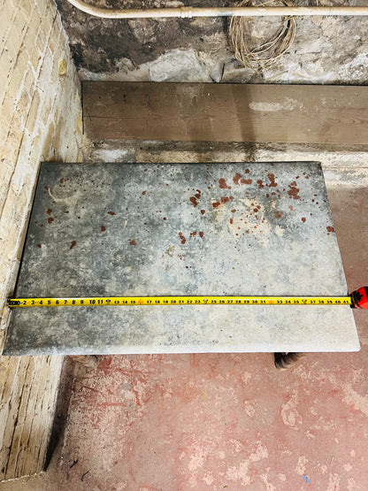Vintage farm table with zinc top missing drawer.