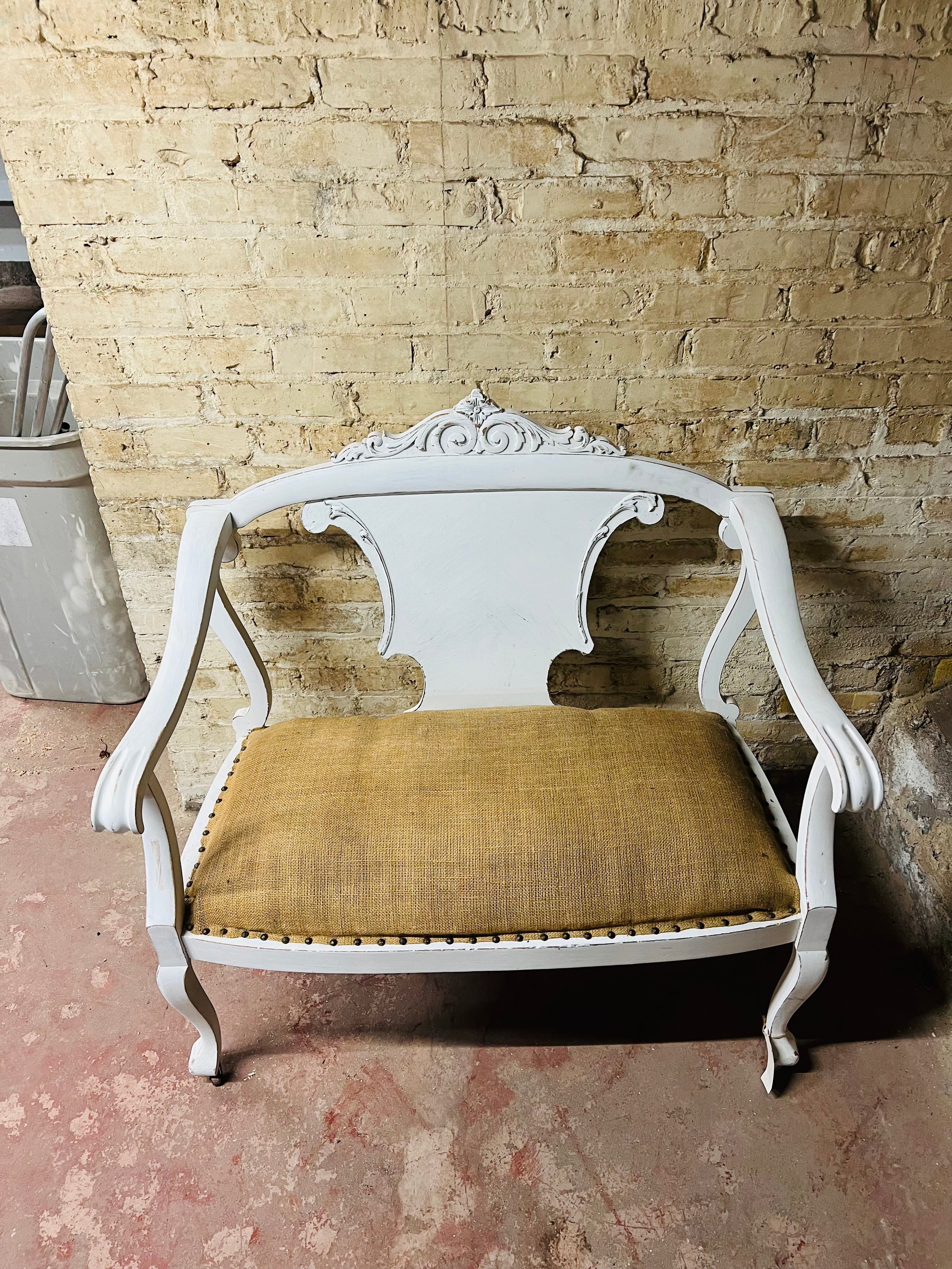 Vintage white painted wood Love Seat.