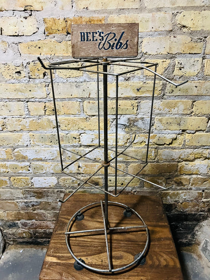 Vintage metal countertop, product, display rack, signage (bees bibs).