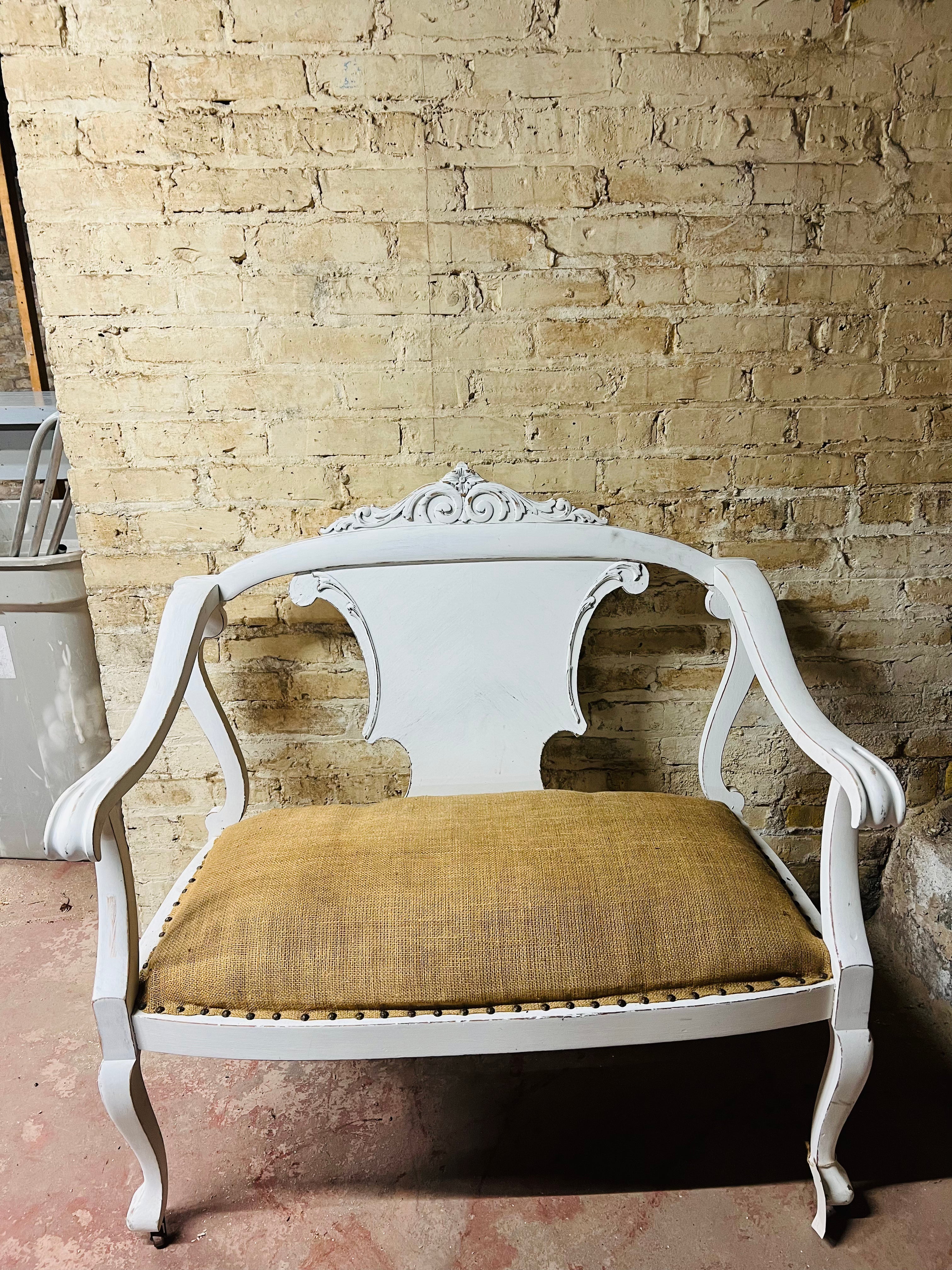 Vintage white painted wood Love Seat.