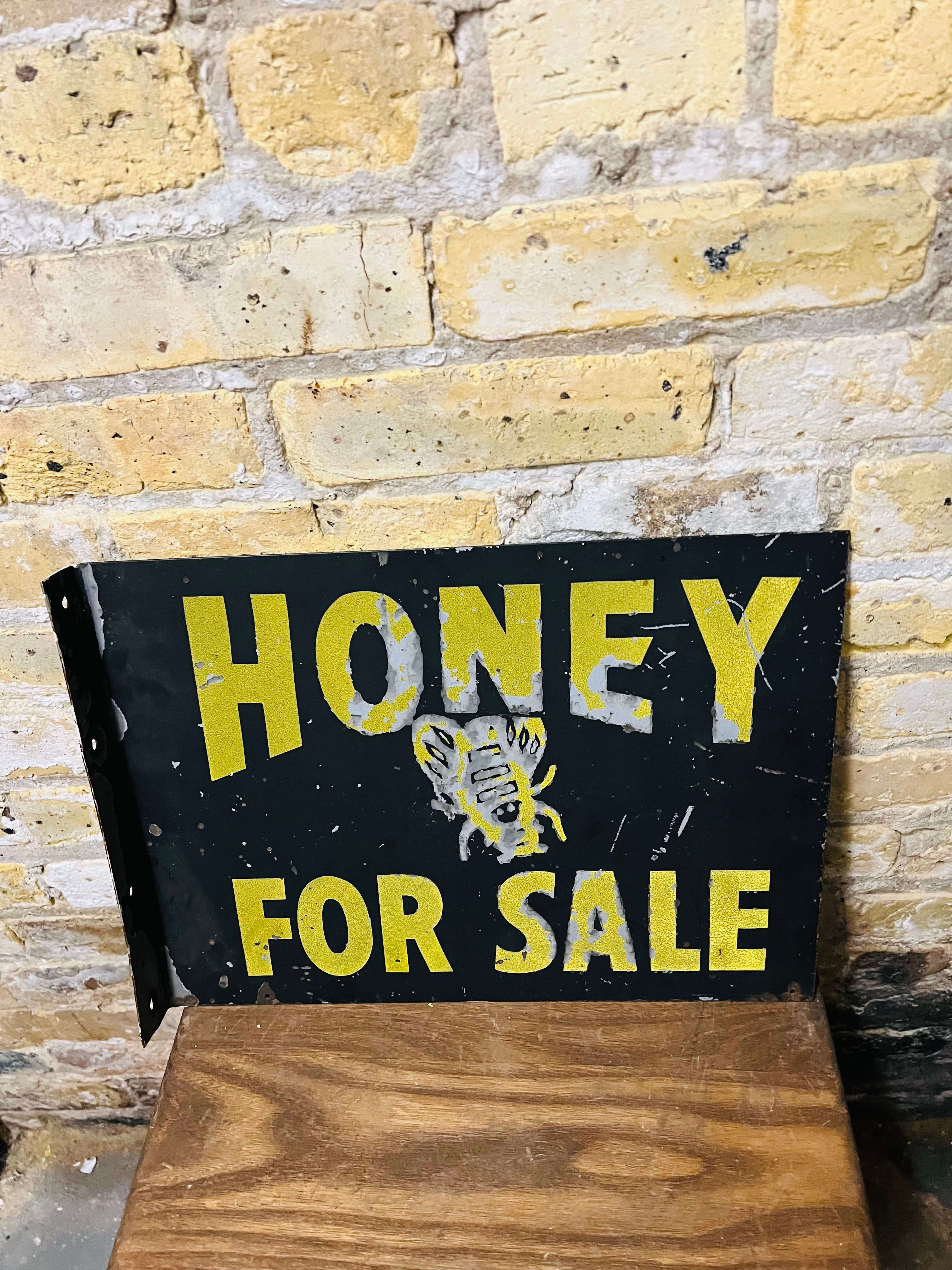 Vintage honey for sale sign double-sided metal.