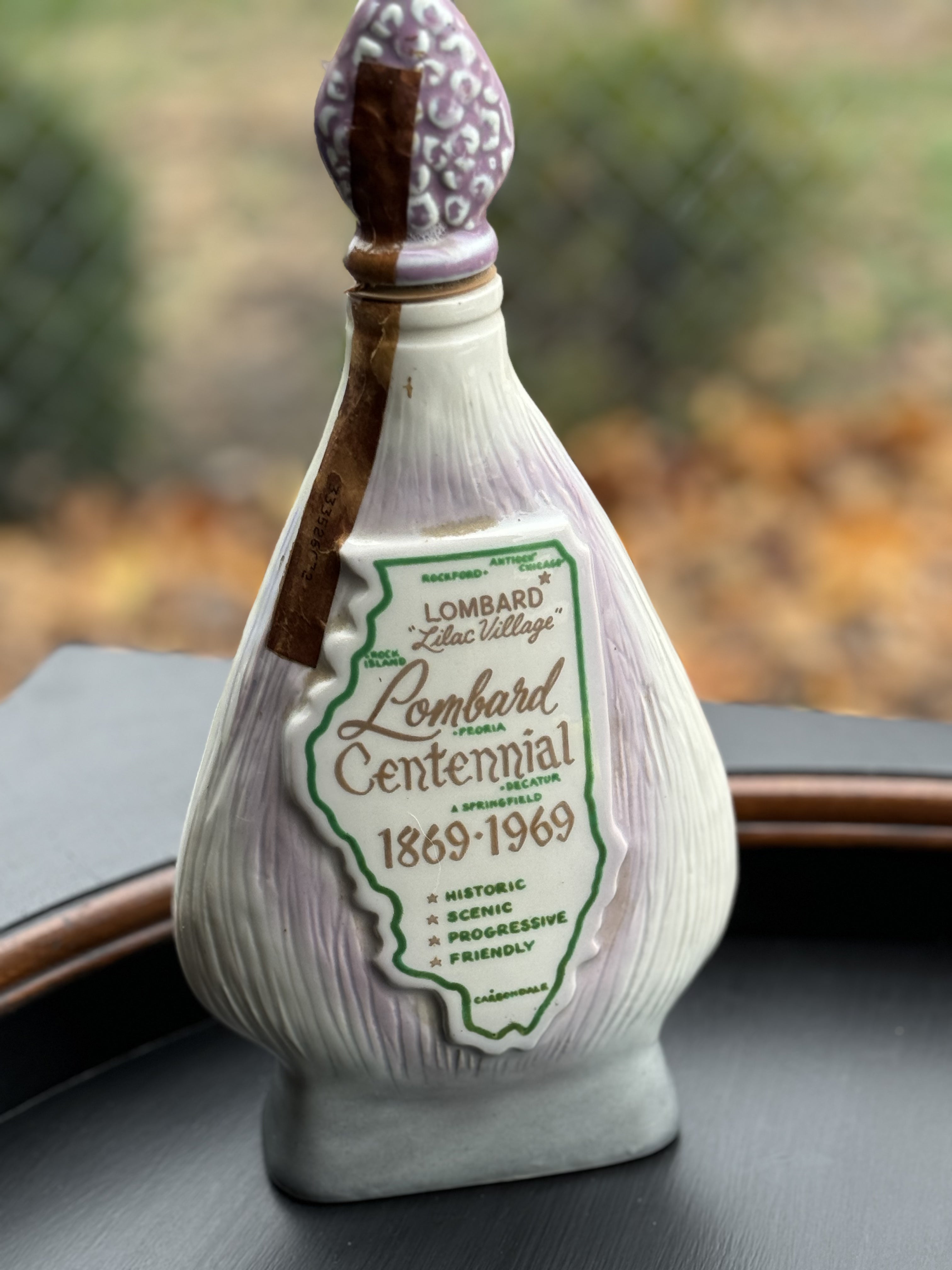 Vintage Jim Beam, decanter, village of Lombard, Illinois Centennial anniversary bottle 1869 to 1969.