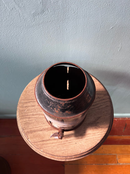 Metal canister with antique picture